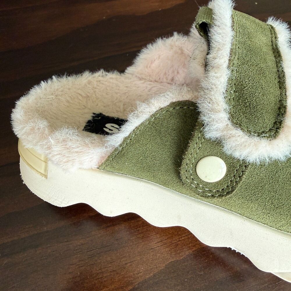 SOREL Viibe Clog Women's Suede Cozy Casual Faux Fur Lined Green Slip On Size 6.5 - Picture 7 of 11